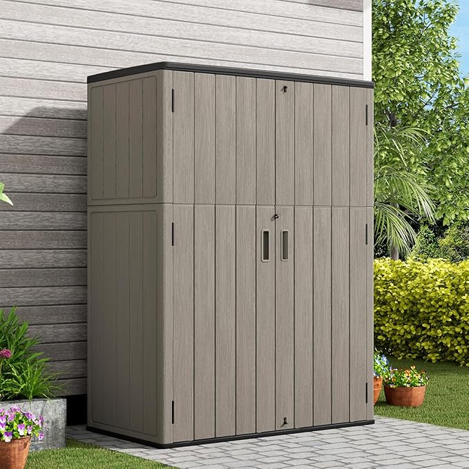 KINYING Outdoor Vertical Storage Shed,57 Cu.ft Outdoor Storage Cabinet Waterproof,Resin Sheds & Outdoor Storage Clearance for Garden,Patio,Backyard,Lockable (Brown)