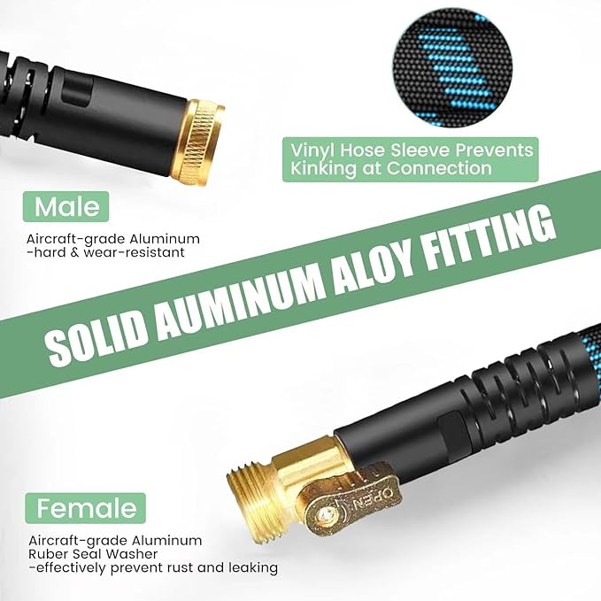 100Ft Non-Expandable Garden Hose, Flexible Water Hose with 10-Pattern Spray Nozzle, Lightweight Hose Pipe, Kink-Free, Leak-Proof, 3/4" Solid Metal Fittings