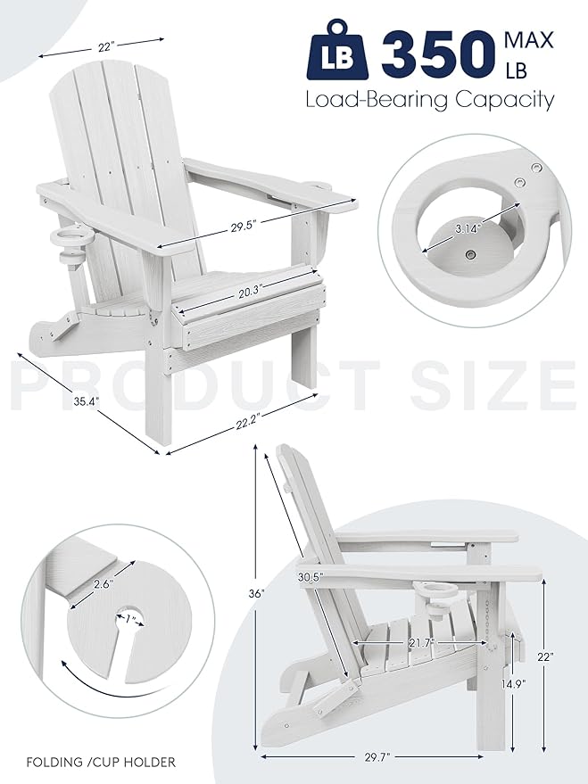 KINGYES Folding Adirondack Chair Set of 4, Dual Cup Holders & All-Weather HDPE, Wood-Like Patio Chair for Backyard, Camping, Pool & Fire Pit, White