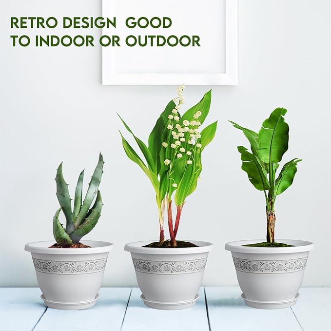 10 Inch Plant Pots with Drainage Hole - Lightweight Flower Pots for Herbs and Flowers - Home Decor Plastic Planters for Indoor Outdoor Plants- Pack of 4 (White, 10 inch)