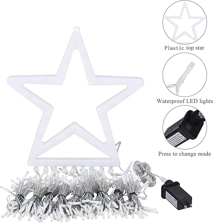 Christmas Decorations Star String Lights, 320 LED Waterfall Tree Lights with 13" Topper Star 8 Lighting Modes Indoor Outdoor Decorative for New Year, Holiday, Wedding, Party