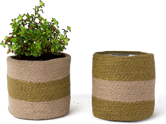 Jute Planter Basket-Woven Jute Rope Covers for Decorating Indoor/Outdoor Succulents, Small Plant Pots-Set of 2-Multi-Purpose Storage Bins 4.5 Inches - Modern Style Décor - Olive & Natural