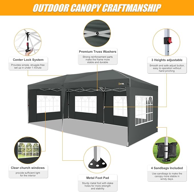 HOTEEL 10x20 Pop up Canopy with 6 Sidewalls, One Push Instant Setup Outdoor Canopy Tent with Reinforce Rod, Weight Bag, for Parties, Events, Gray