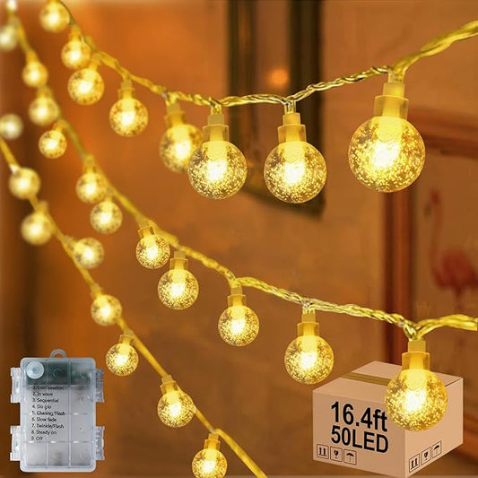 16.4ft 50LED Globe String Lights Indoor Bedroom Battery Operated, Crystal Fairy Lights IP44 Waterproof Outdoor Hanging Decorative Lights for Home Tent Patio Garden Party Wedding Decor