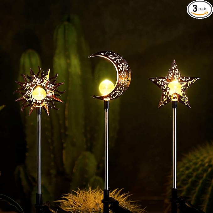 Tryme Solar Lights Outdoor Garden Decorations Sun Moon Star Stake Light Decorative Waterproof Warm White LED Yard Decor for Pathway Lawn Patio Courtyard Backyard