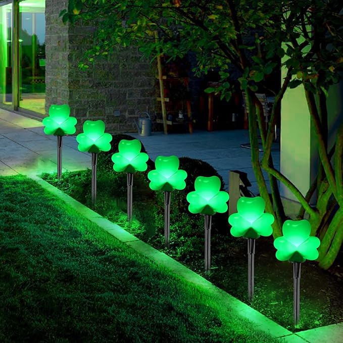 2 Sets 4 Pack St. Patricks Green Shamrock Pathway Lights Outdoor for St. Patricks Day Decorations, C7 LED Green Lucky Clover Garden Lights Waterproof, UL Certified for Lawn Yard Walkway Decor, Plug In