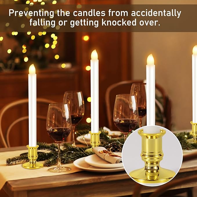 2 Pack Christmas Window Candles with Remote Timer, Flickering Flameless Candles with Candle Holders Suction Cups for Christmas Party Decorations, Gold