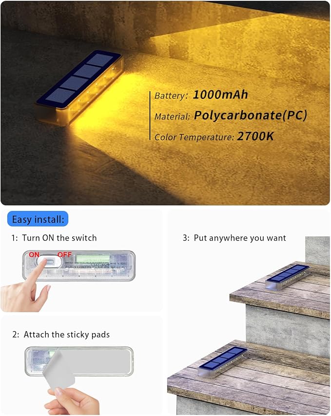 Solar Step Lights for Outside,8 Pack Solar Stair Lights Outdoor Waterproof,Warm White Deck Light Solar Powered Waterproof for Steps,Stairs,Walkway,Sidewalk,Patio,Pathway