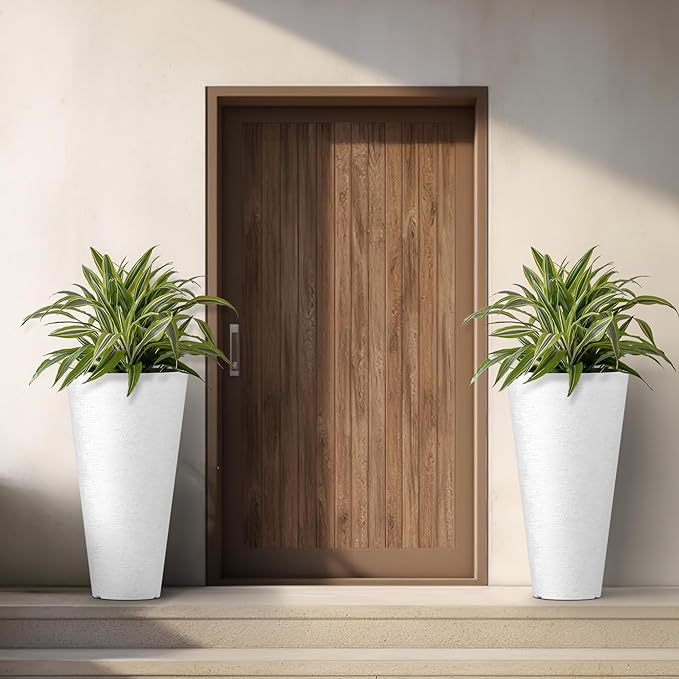 Kante Tall Round Planter Set of 2, 29 Inch Tall Decorative Planter Pots for Outdoor Indoor Garden Patio Front Porch (White)