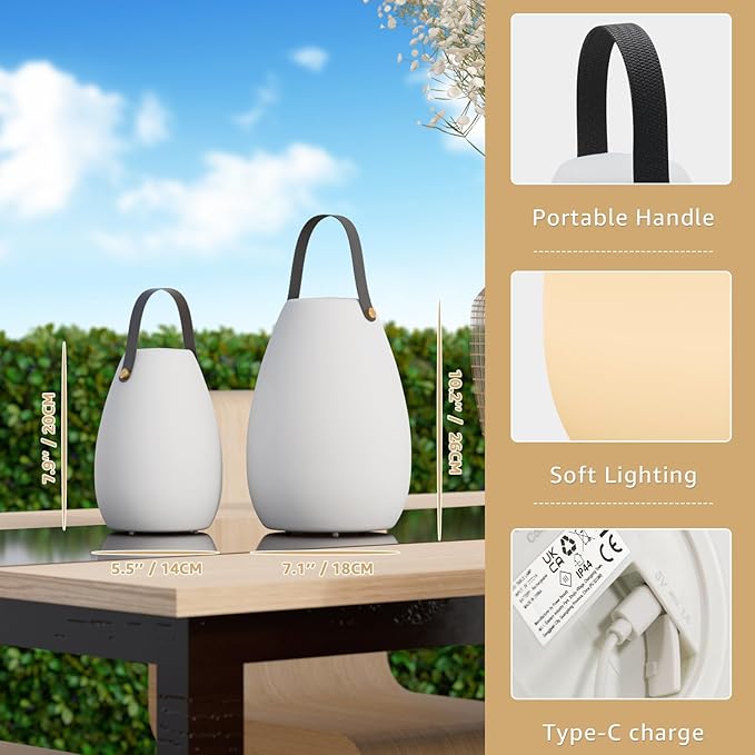 uuffoo Portable Outdoor Table Lamp, Dimmable Cordless Lamp with Remote and 7 RGB Colors IP44 Waterproof Hanging Lamp Indoor/Outdoor Night Lamp Lantern for Bedroom Garden Dining Camping