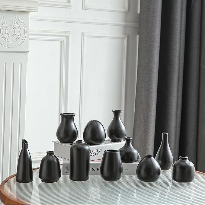 JOJUNO Black Bud Vases, Small Ceramic Vase Set of 11, Mini Pottery Vases for Flowers, Decorative Pieces for Home Modern Decor, Boho Decor, Chic Accents for Living Room Dining Table Shelves