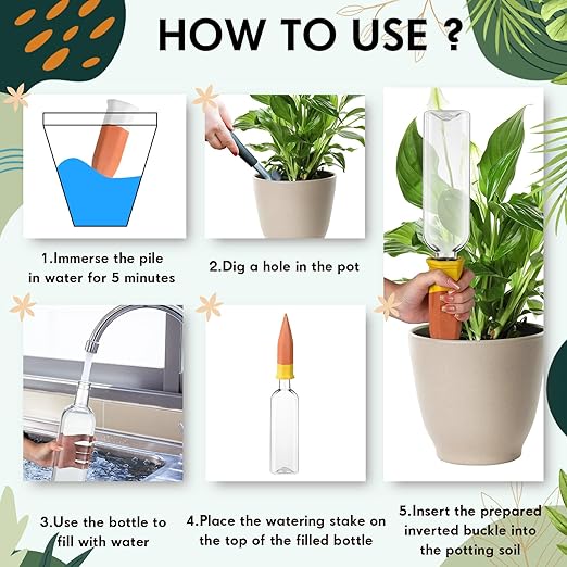 12 Pack Plant Watering Devices, Terracotta Self Watering Spikes with 25 oz Plastic Wine Bottles, Slow Release Plant Waterer Self Watering Planter for Vacation Indoor Outdoor Plant