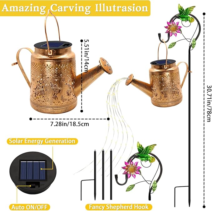 2 Pack Solar Lanterns Outdoor Waterproof,Hummingbird Watering Can Garden Decor,Hanging Solar Path Lights Yard Art,Outside Patio Decorations Gardening Birthday Gifts for Mom Grandma Women (Warm White)