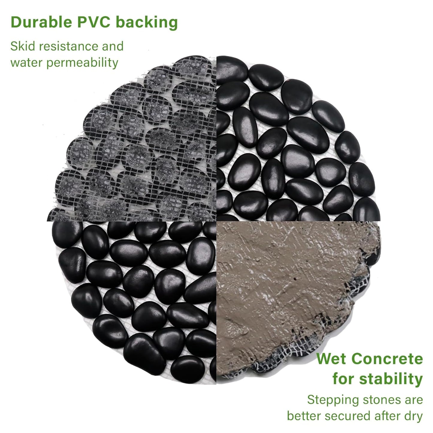 10in River Rock Stepping Stones Set - 6 Pack | Polished Pebble | Long-Lasting PVC Mesh Backing | Perfect for Garden Paths and Lawns Outdoor Landscaping Decoration | Black Circle