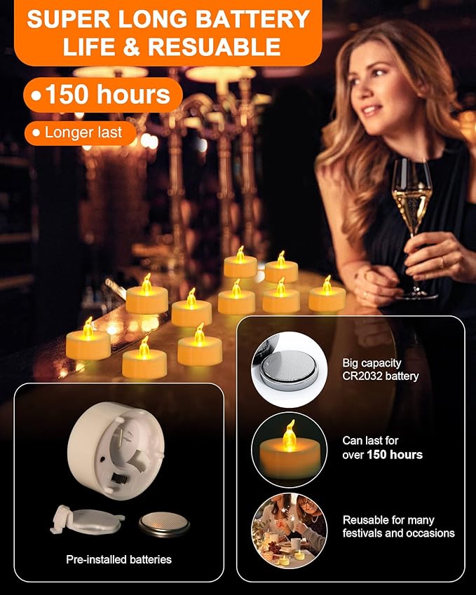 JOSU LED Tea Lights Candles [24 Pack] Flameless Candles, Realistic Battery Operated Candle, Flickering Bright Tealights with Warm Yellow Light for Party, Wedding, Valentine's Day