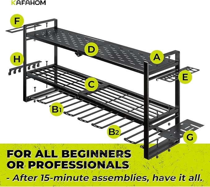 KAFAHOM Power Tool Organizer for Tool Storage, 8 Drill Holder Wall Mount, Tool Holder and Storage Rack for Garage Organization, Heavy Duty Metal Tool Shelf with Air tool/Screwdriver/Hammer Holder