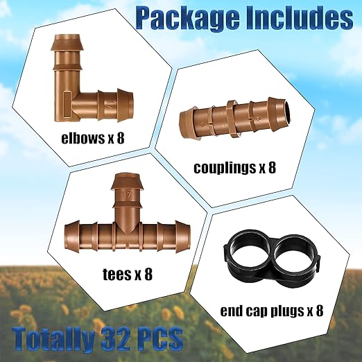 Irrigation Fittings Kit for 1/2 Inch Tubing Include 8 Tees, 8 Couplings, 8 Elbows and 8 End Cap Plugs Drip Irrigation Barbed Connectors, Drip Line Connectors Set