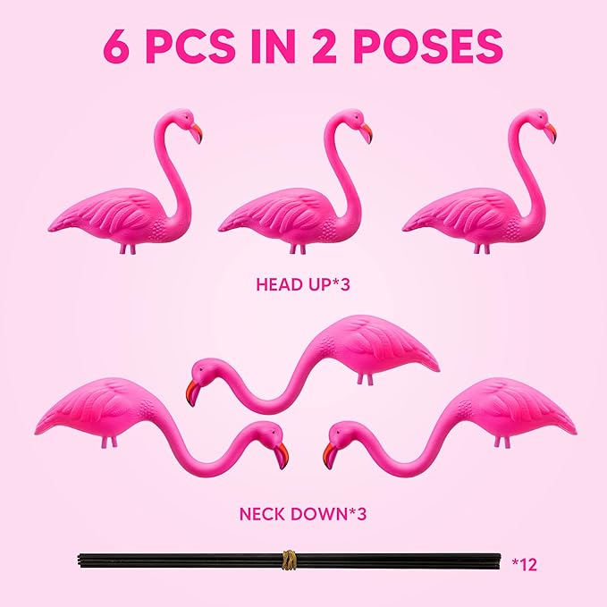JOYIN Set of 6 Small Pink Flamingo Yard Ornament Stakes, Mini Lawn Plastic Flamingo Statue with Metal Legs for Sidewalks, Outdoor Garden, Luau Party, Tropical Party Decor, 2 Styles