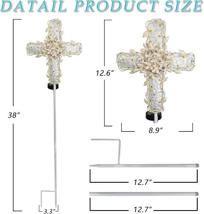 38Inch Solar Cross Garden Lights Outdoor Decorative - Solar Metal&Glass Cross White Hydrangea Flower Stake Lights- Waterproof 20 Warm White LED for Remembrance Gifts & Sympathy Gifts.