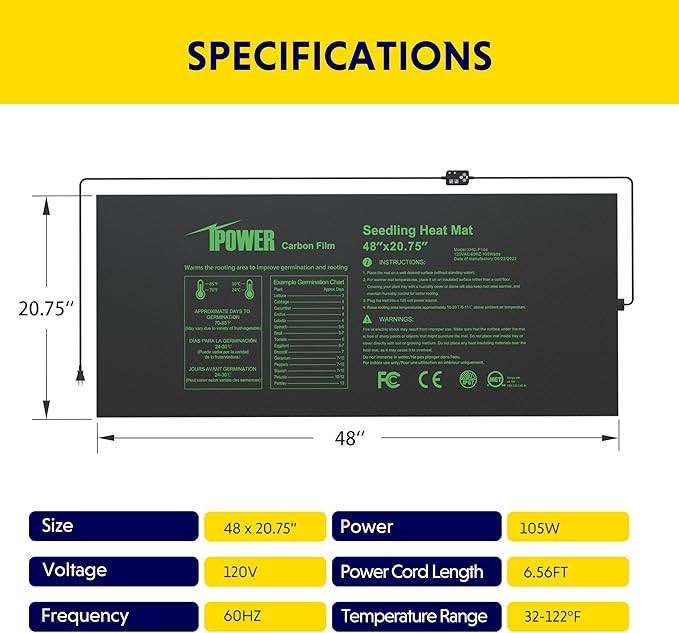 iPower 48"x20.75" Seedling Heat Mat with Built-in Temperature Controller, MET Certified Waterproof Plant Heating Pad, for Germination, Breeding, Brewing