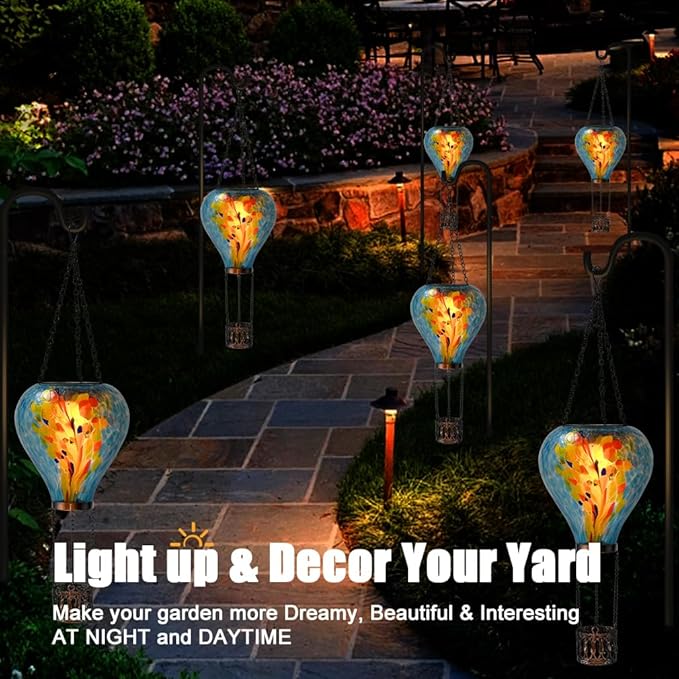Hot Air Balloon Solar Lantern - Stained Glass Lantern with Simulated Flickering Flame, Outdoor Hanging Yard Light Waterproof IP65 & Weather Resistant for Garden Patio Lawn Porch Decor Gfit