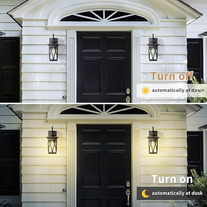 JYZ Dusk to Dawn Outdoor Wall Lantern, Craftsman Style Exterior Sconce Light with Water Ripple Glass, Traditional Porch Light Fixture Wall Mount Lamp for Front Porch Doorway Garage Patio Garden