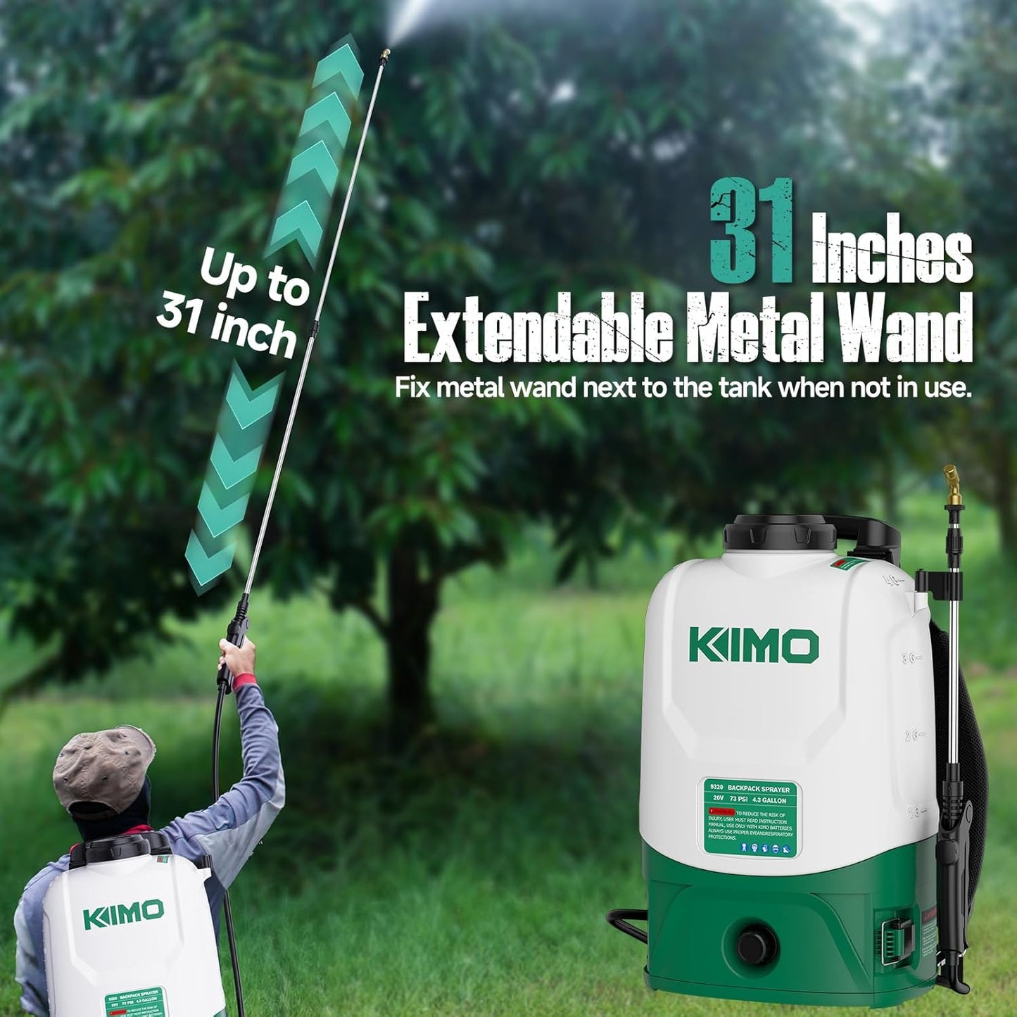 KIMO 4.3 Gallon Battery Powered Backpack Sprayer, 2PCS 20V 2.0Ah Battery & Fast Charger, 31" Telescopic Wand, 6 Nozzles, No Pump Needed, 0-73 PSI Electric Garden Sprayer for Weed, Lawn, Yard, Cleaning