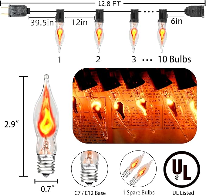 12.8Ft Christmas Lights Flickering Flame String Lights with 12 Pack Clear C7 Flame Light Bulbs（2 Spare）, Great for Indoor Outdoor Home Patio Party Christmas Decorations Lights, 1W, E12 Base