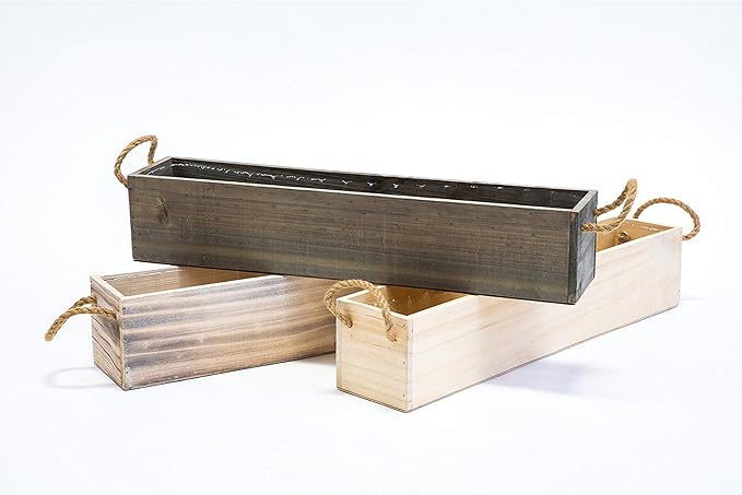 20" Rectangular Rustic Wood Planter with Handle and Plastic Liner l Rustic Barn Wood l Country Style, Home and Wedding Decorations, Garden Ornaments (20x4 w Handle Set of 2, Natural)