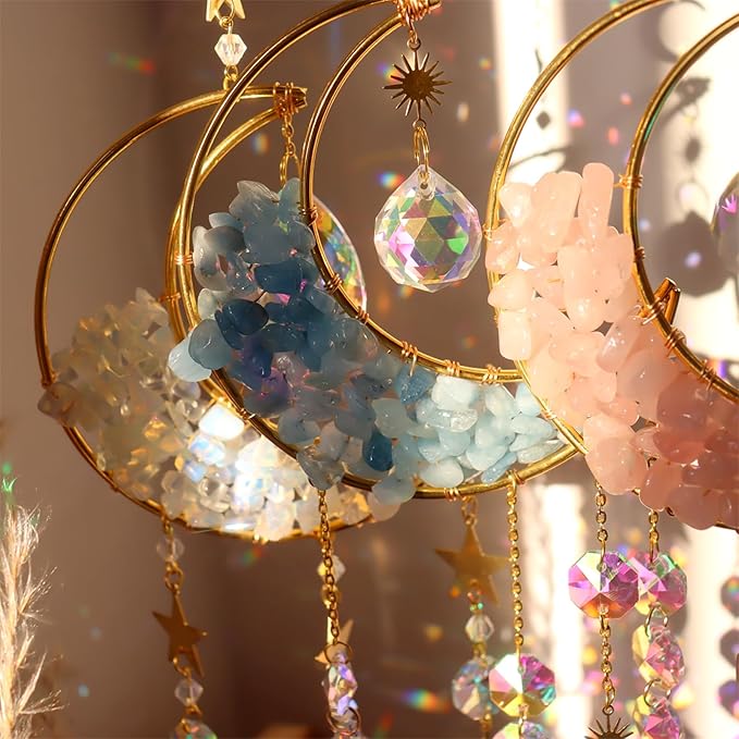 Crystal Suncatcher Hanging Moon Sun Light Catcher with Glass Prisms for Window Natural Pink Crystal Decor Home Indoor Making Rainbows