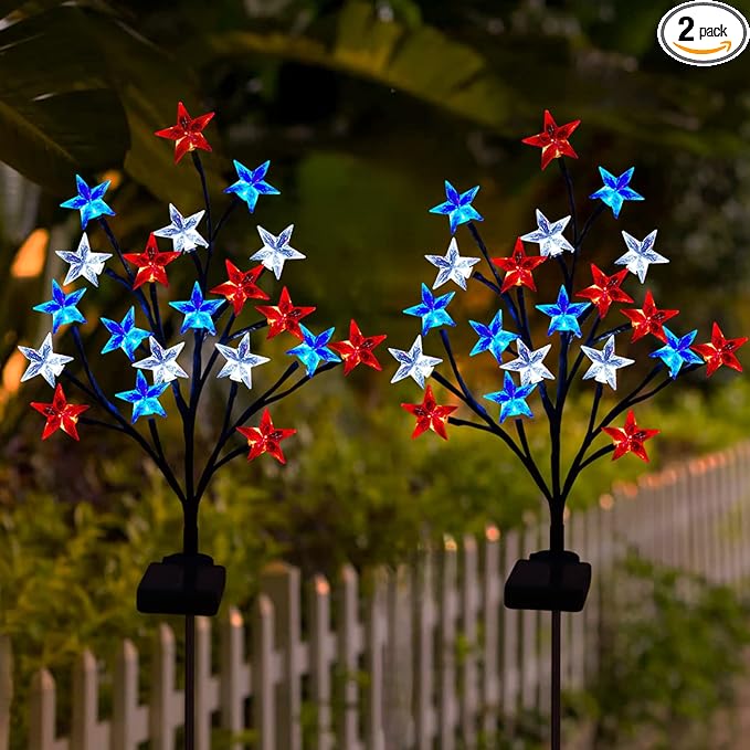 2 Packs Solar 4th of July Decorations Outdoor Lights, Solar Red White and Blue Star Pathway Lights, Waterproof Outdoor Patriotic Decorations Lights for July 4th Memorial Day Garden Yard Pathway Grave