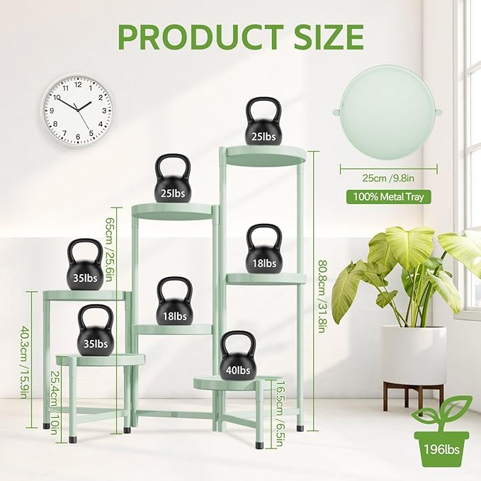 iDavosic.ly 7 Tier Large Plant Stand Indoor, 10 Inch Wide Tall Corner Metal Plant Stands Outdoor for Multiple Plants, Folding Tiered Flower Display Holder Rack Shelf, Light Green