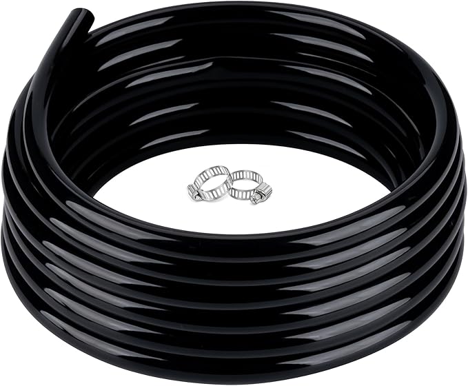 1/2" id - 100ft Black Vinyl Tubing Flexible PVC Tube Hybrid Hose Transfer Water Fuel Gas for Pond Fountain Garden Waterfall, Durable and Safe, with 2 Hose Clamps