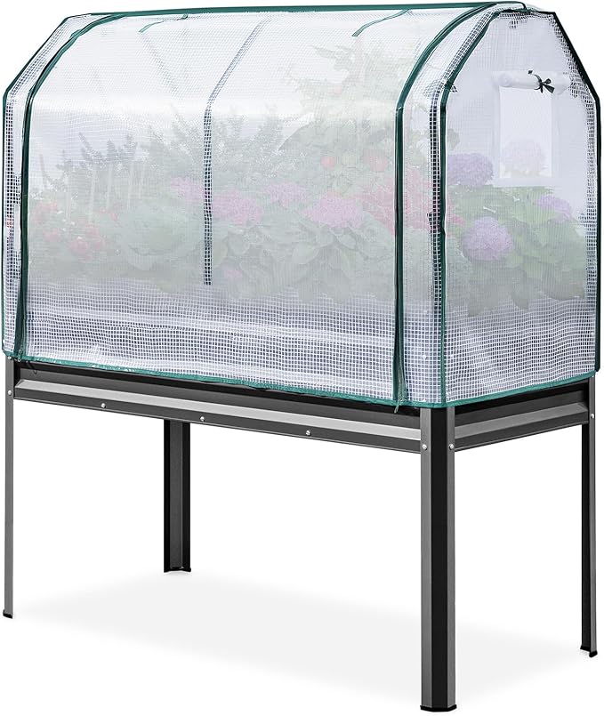 KING BIRD Large Raised Garden Bed with Cover Galvanized Elevated Planter Box with Legs 48×24×56 in for Backyard, Patio, Balcony, 400lb Capacity, Dark Grey