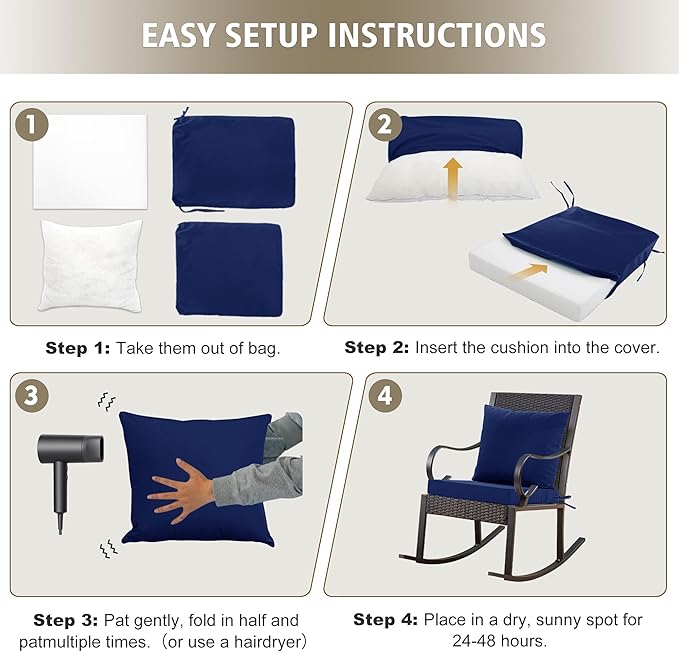 Outdoor Chair Cushions, Waterproof Outdoor Cushions for Patio Furniture w/Fade-Resistant, Removable & Machine-Washable Covers, 19x19 Inch, Ideal for Seat in Gardens/Porch – Set of 2, Navy Blue