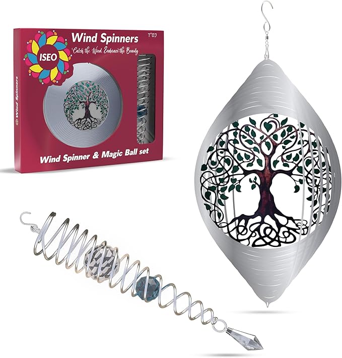ISEO Tree of Life Wind Spinner Outdoor and Gazing Ball Set, Metal Yard and Garden Decoration, Weather-Resistant Wind Spinners for Outdoor, 6.5" Cool Garden Décor, Perfect Wind Spinner Gift