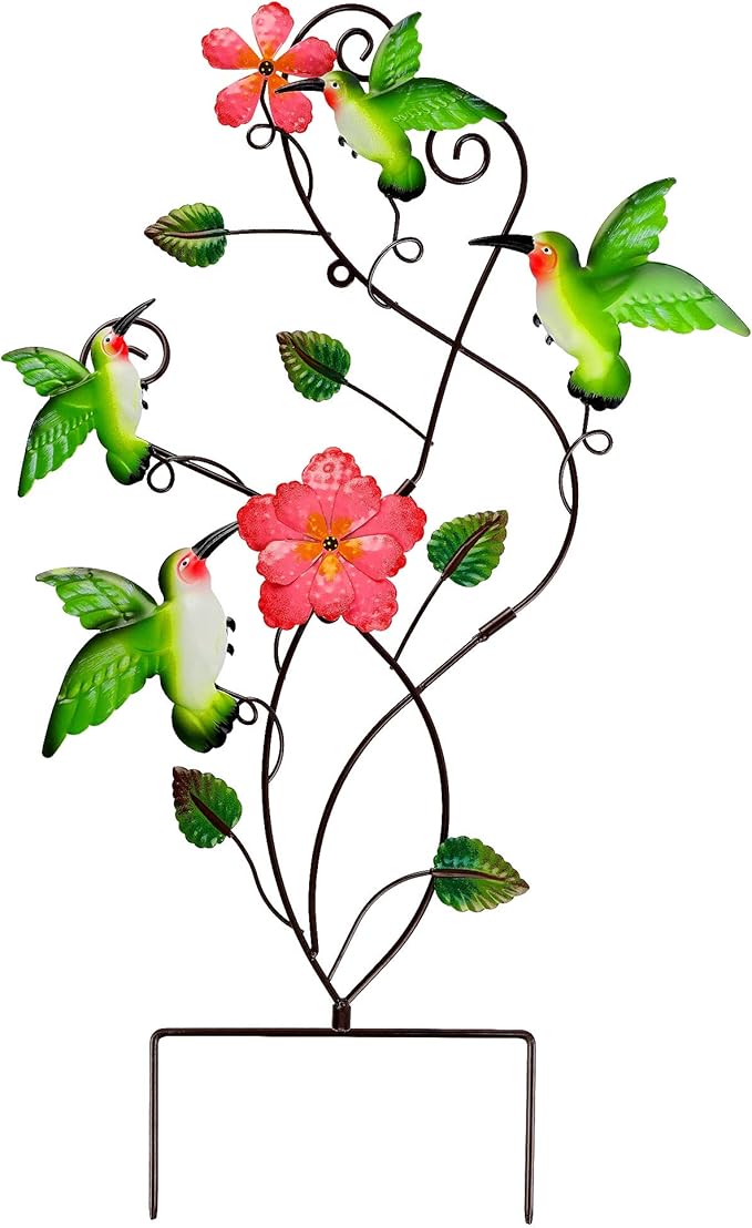 Juegoal 28 Inch Hummingbirds Garden Stake Decor, Colorful Look & Personalities Flowers Metal Wall Art Spring Decoration, Yard Outdoor Lawn Pathway Patio Ornaments