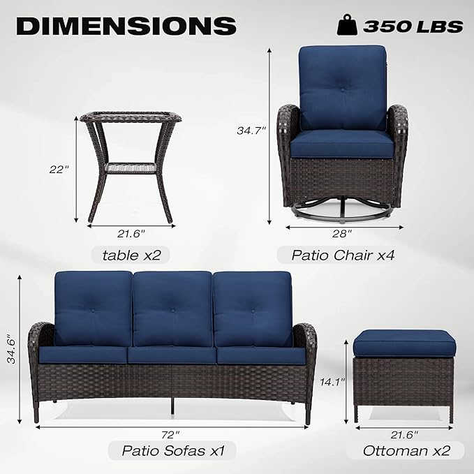 Joyside 9 Piece Patio Furniture Set, Outdoor Wicker Conversation Sets with Swivel Rocker Chairs and Sofa, Thick Cushion, Rattan Patio Sectional for Porch, Deck Use (Brown/Blue, 9 PCS)