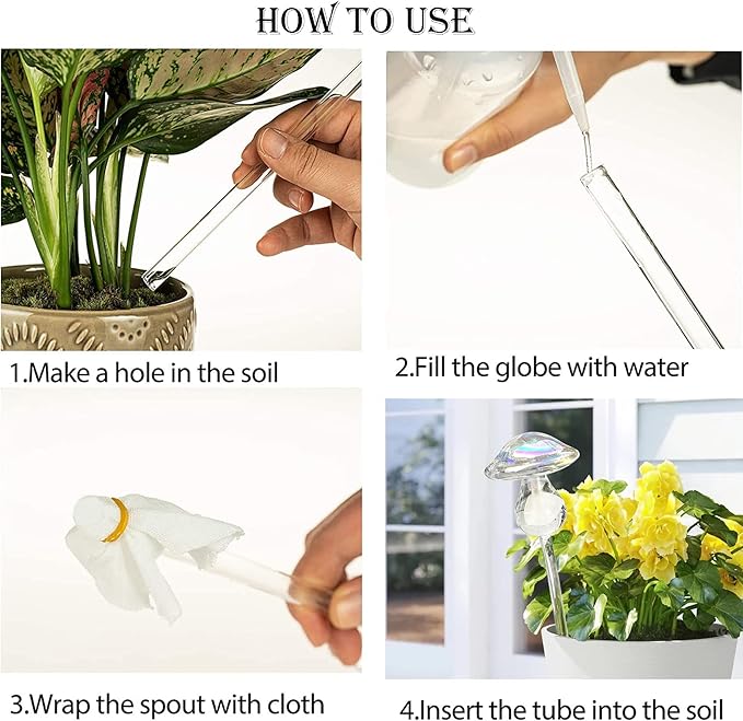 Kingbuy Self Watering Globes Hand Blown Glass Plant Watering Bulbs Colorful Mushroom Automatic Drippers Irrigation Devices for Indoor Outdoor Plants, 4 Pack