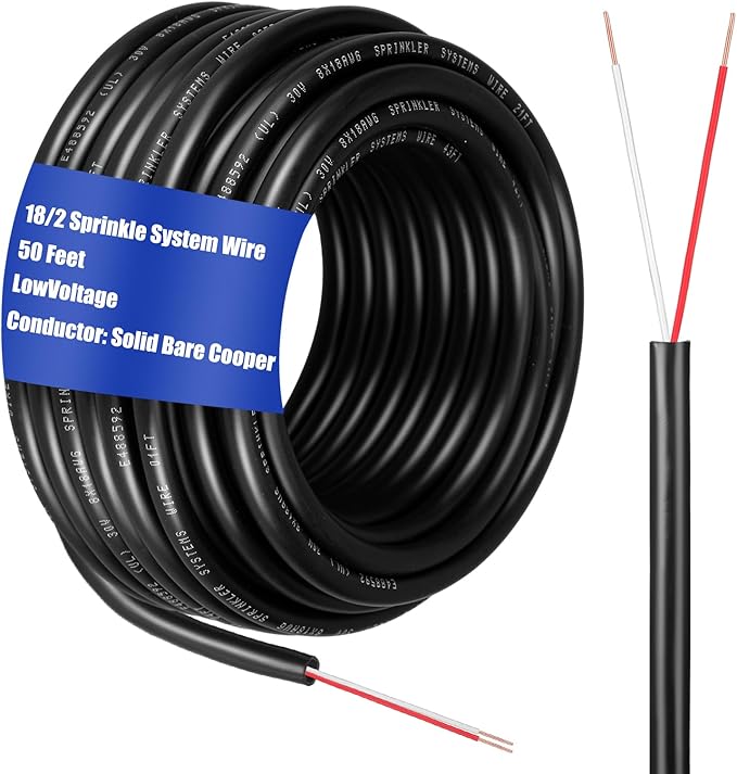 Hoolerry Solid Sprinkler System Wire 18 Gauge Irrigation Wire with UV Resistant PVC Jacket Sprinkler Cable for Underground Irrigation Field Central Control System 30v Ul Listed(18/2, 50 Ft)