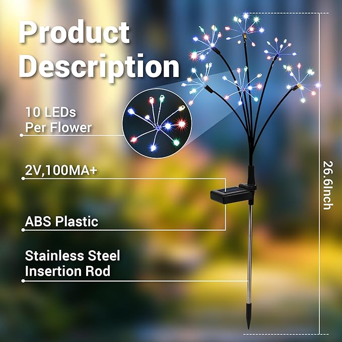 Solar Garden Decor Lights Outdoor, Solar Powered Lights Waterproof for Yard Patio Porch Flowerbed, Fairy Gardening Supplies Gifts Firwork(2 Pack Multi-Colored)