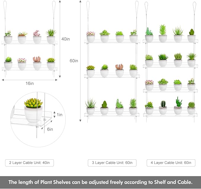 3-Tier Clear Hanging Window Plant Shelves 16In, Height Adjustable Acrylic , Indoor Windows Wall Hanging Plant Stand Flower Display, Flower Pot Organizer Storage for Grow Herbs, Microgreens, Succulents