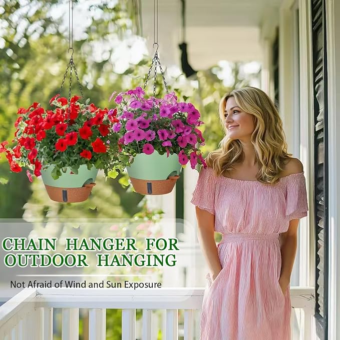 10 Inch Hanging Planters for Indoor Plants, 2 Pack Self Watering Hanging Baskets Flower Pots with Drainage Hole, Visual Reservoir & 2 Kinds of Plant Hanger for Outdoor Garden Home Decor