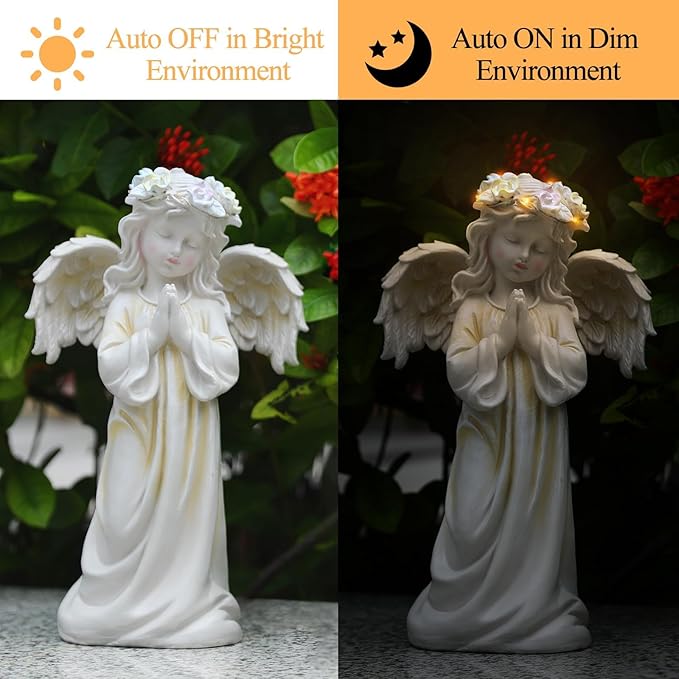 2pcs Angel Garden Statue, Warm Light Solar Garden Decor,Waterproof Outdoor Garden Decor Praying Angel Figurine Sculpture for Mom or Birthdays, Lawn Yard Patio, Sympathy Gift, White
