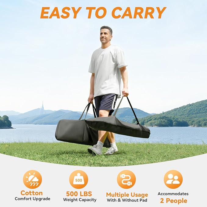 2 Person Outdoor Hammock with Stand, Cotton Rope Hammock with Polyester Pad, Adjustable Steel Frame, Portable with Carrying Bag – for Patio, Backyard, Garden, Beach, Blue Stripe