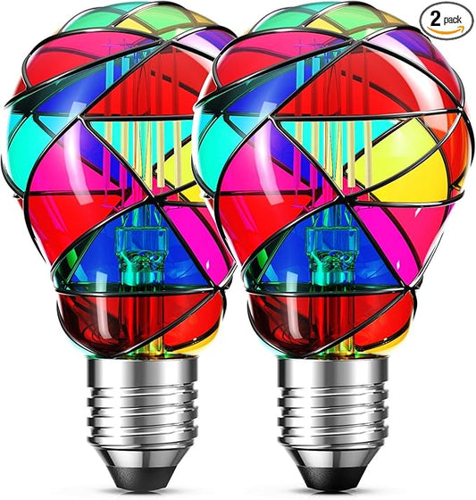 Hompavo Upgraded Dimmable LED Stained Glass Light Bulb, Hand-Painted Colorful E26 A19/A60 3.5W, for Party, Halloween, Christmas, Home, Room, Garden, Balcony Decoration, 2 Pack