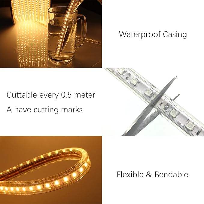 5050-60 Type AC 110-120V White LED Strip Lights, Flexible/Waterproof/Dimmable/Multi-Modes LED Rope Light + 23 Keys Remote for Home/Garden/Building Decoration (131.2ft/40m, White 6000K)
