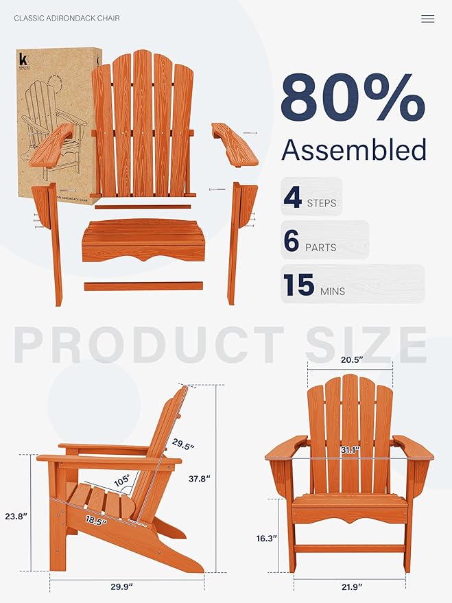 KINGYES HDPE Adirondack Chair Chair Set of 8, Classic All-Weather Adirondack Chair, Orange