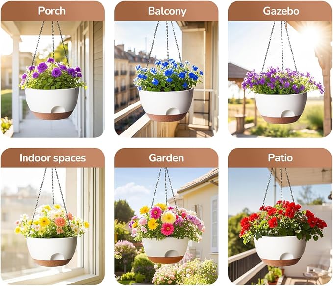 12 Inch Hanging Baskets for Plants Outdoor, Hanging Planters for Indoor Outdoor Plants, Hanging Planter with Self Watering, Hanging Flower Pots (White)
