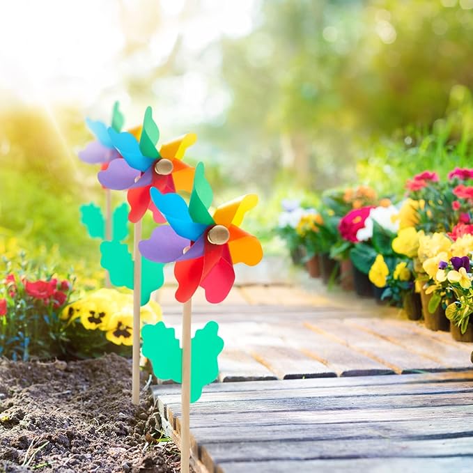 BLUE PANDA 12-Pack Rainbow Flower Pinwheels for Yard and Garden - Wind Spinners and Outdoor Party Favors for Kids, Pride and Birthday Decorations